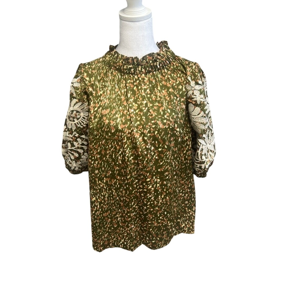 THML Olive Green Blouse‎ Embroidered Puff Sleeve Top Sz L Boho Flowy Feminine